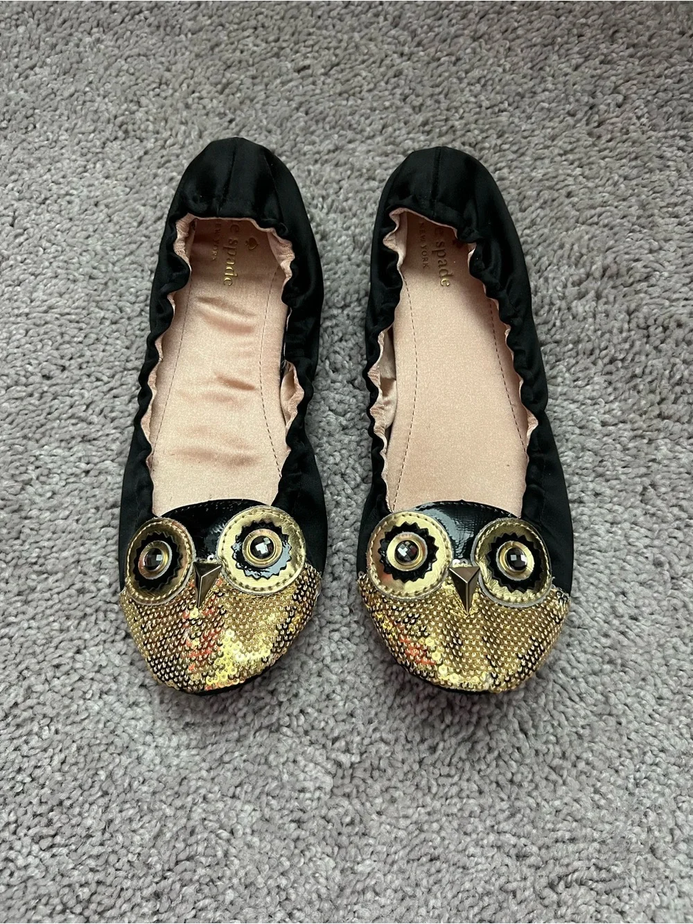 EUC Kate Spade Black Ballet Flats / Slippers with Gold Sequin Owl 6